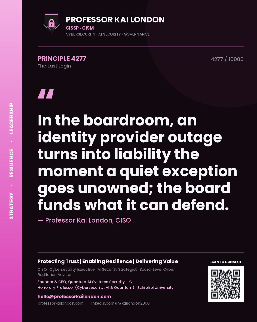 Quote card by Professor Kai London reading 'In the boardroom, an identity provider outage turns into liability the moment a quiet exception goes unowned; the board funds what it can defend.'. From the book The Last Login.
