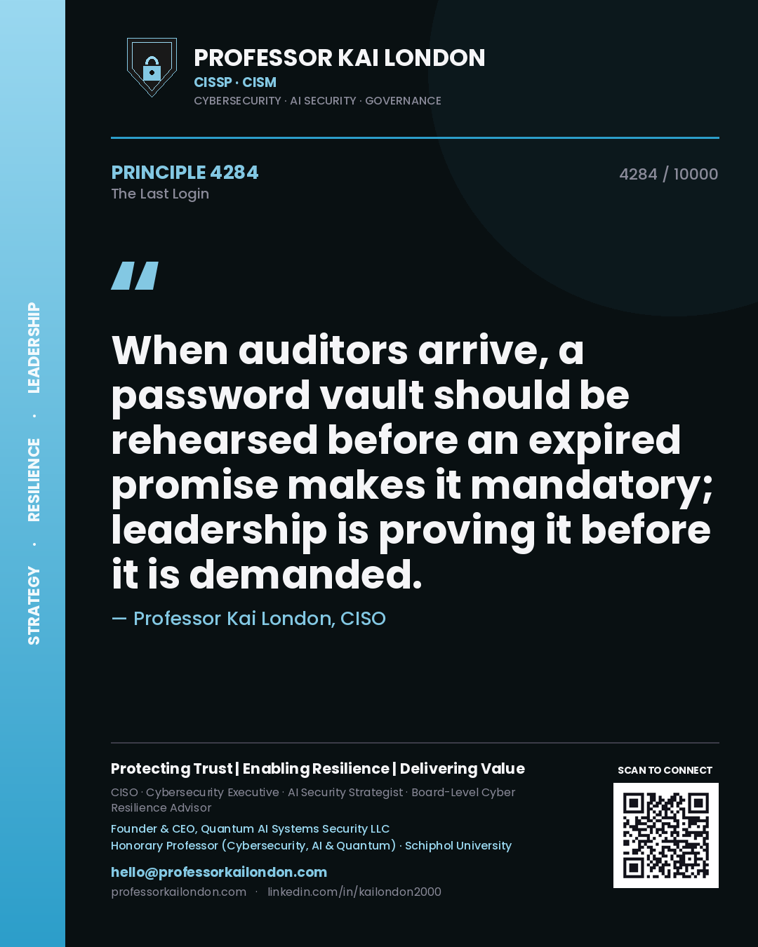Quote card by Professor Kai London reading 'When auditors arrive, a password vault should be rehearsed before an expired promise makes it mandatory; leadership is proving it before it is demanded.'. From the book The Last Login.