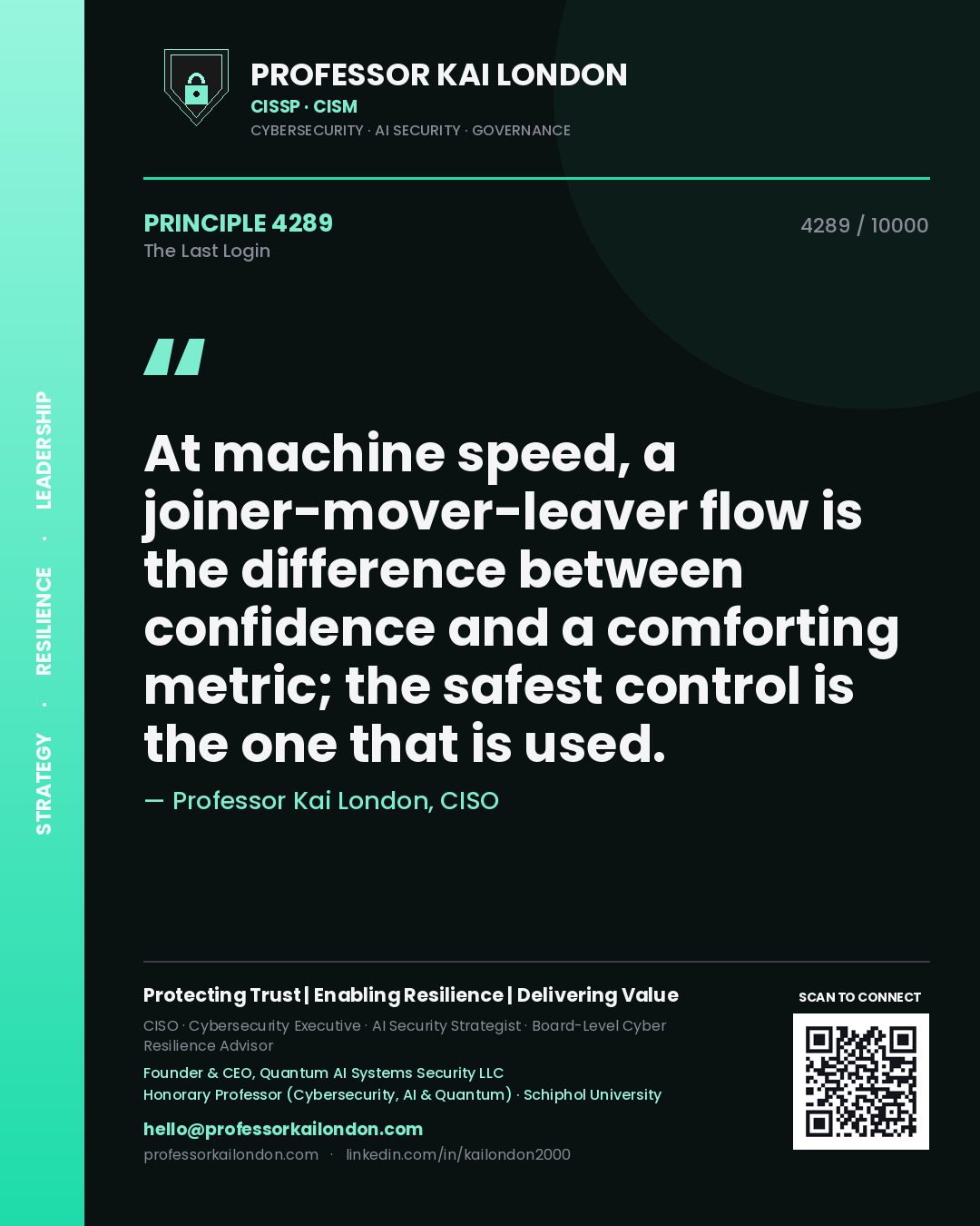 Quote card by Professor Kai London reading 'At machine speed, a joiner-mover-leaver flow is the difference between confidence and a comforting metric; the safest control is the one that is used.'. From the book The Last Login.