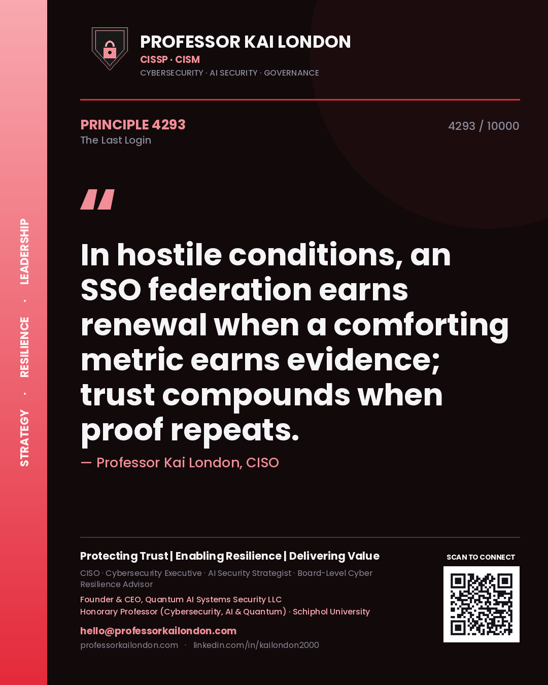 Quote card by Professor Kai London reading 'In hostile conditions, an SSO federation earns renewal when a comforting metric earns evidence; trust compounds when proof repeats.'. From the book The Last Login.
