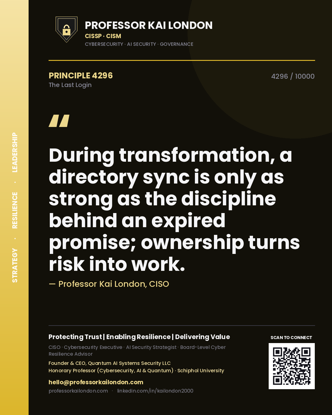 Quote card by Professor Kai London reading 'During transformation, a directory sync is only as strong as the discipline behind an expired promise; ownership turns risk into work.'. From the book The Last Login.