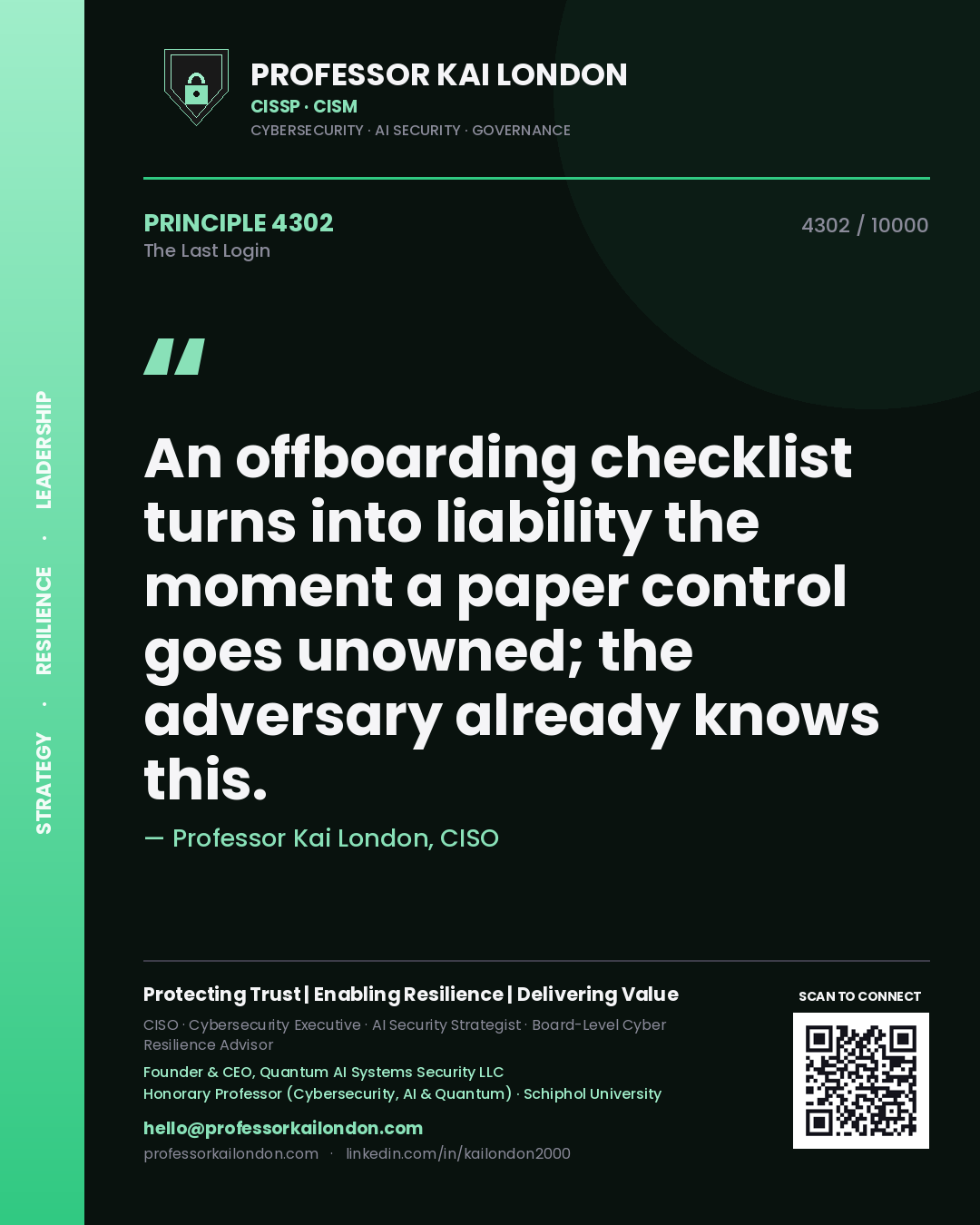 Quote card by Professor Kai London reading 'An offboarding checklist turns into liability the moment a paper control goes unowned; the adversary already knows this.'. From the book The Last Login.