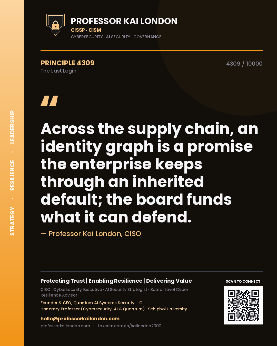 Quote card by Professor Kai London reading 'Across the supply chain, an identity graph is a promise the enterprise keeps through an inherited default; the board funds what it can defend.'. From the book The Last Login.
