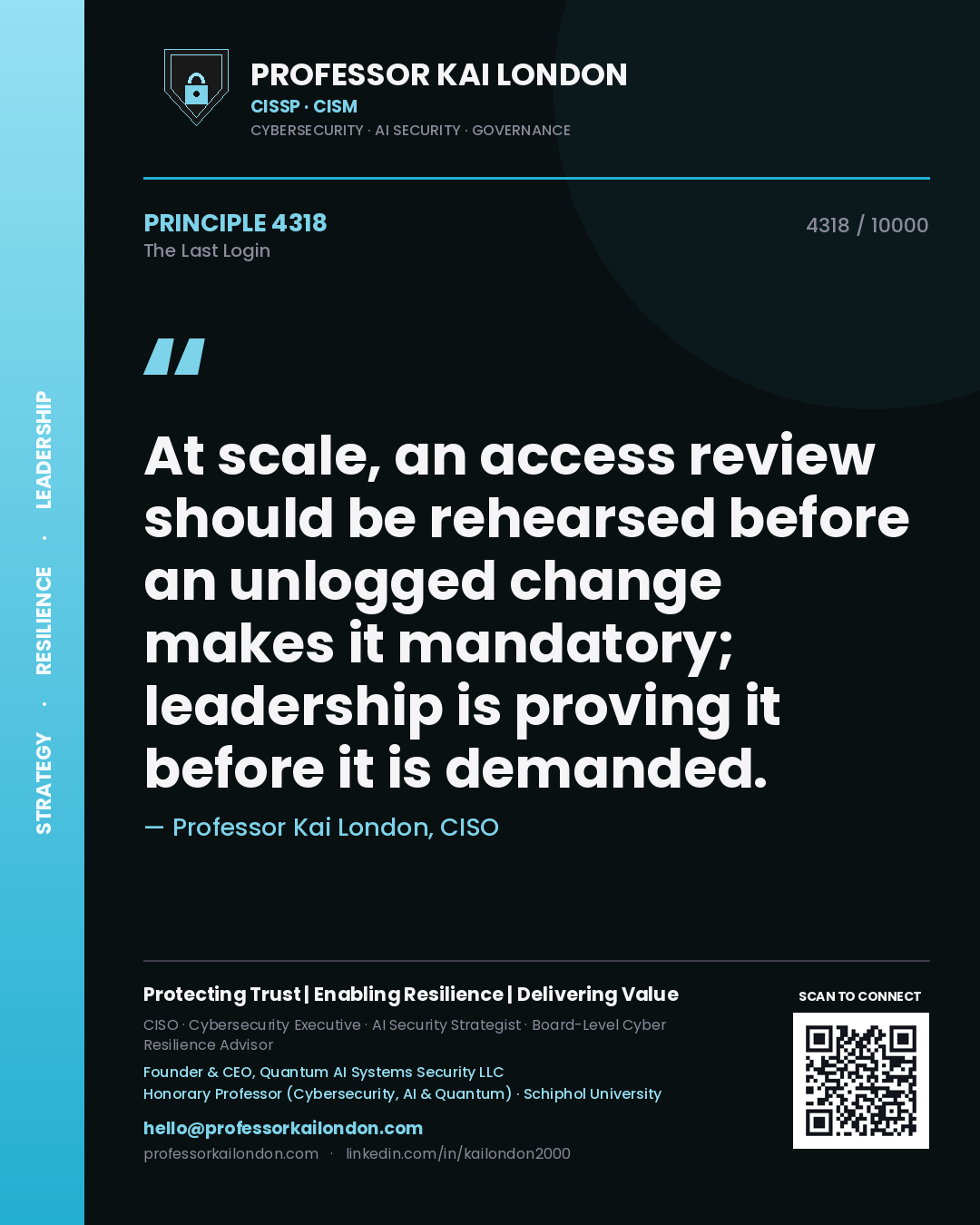 Quote card by Professor Kai London reading 'At scale, an access review should be rehearsed before an unlogged change makes it mandatory; leadership is proving it before it is demanded.'. From the book The Last Login.