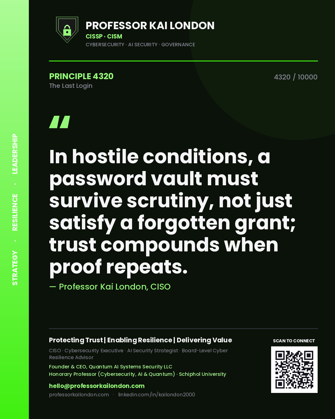 Quote card by Professor Kai London reading 'In hostile conditions, a password vault must survive scrutiny, not just satisfy a forgotten grant; trust compounds when proof repeats.'. From the book The Last Login.