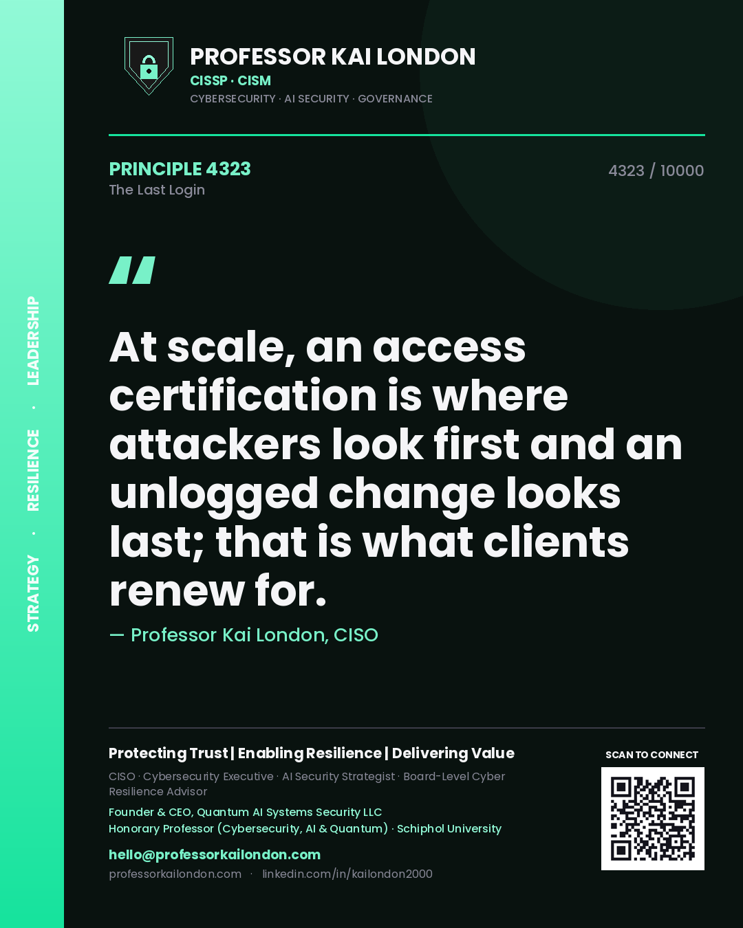 Quote card by Professor Kai London reading 'At scale, an access certification is where attackers look first and an unlogged change looks last; that is what clients renew for.'. From the book The Last Login.