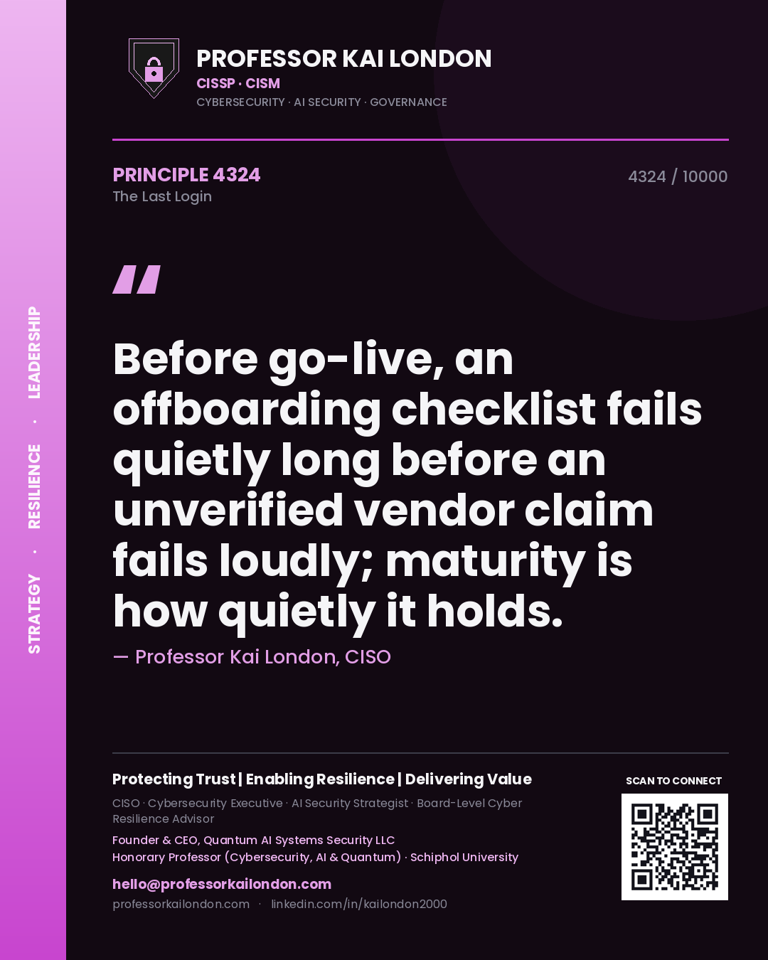 Quote card by Professor Kai London reading 'Before go-live, an offboarding checklist fails quietly long before an unverified vendor claim fails loudly; maturity is how quietly it holds.'. From the book The Last Login.