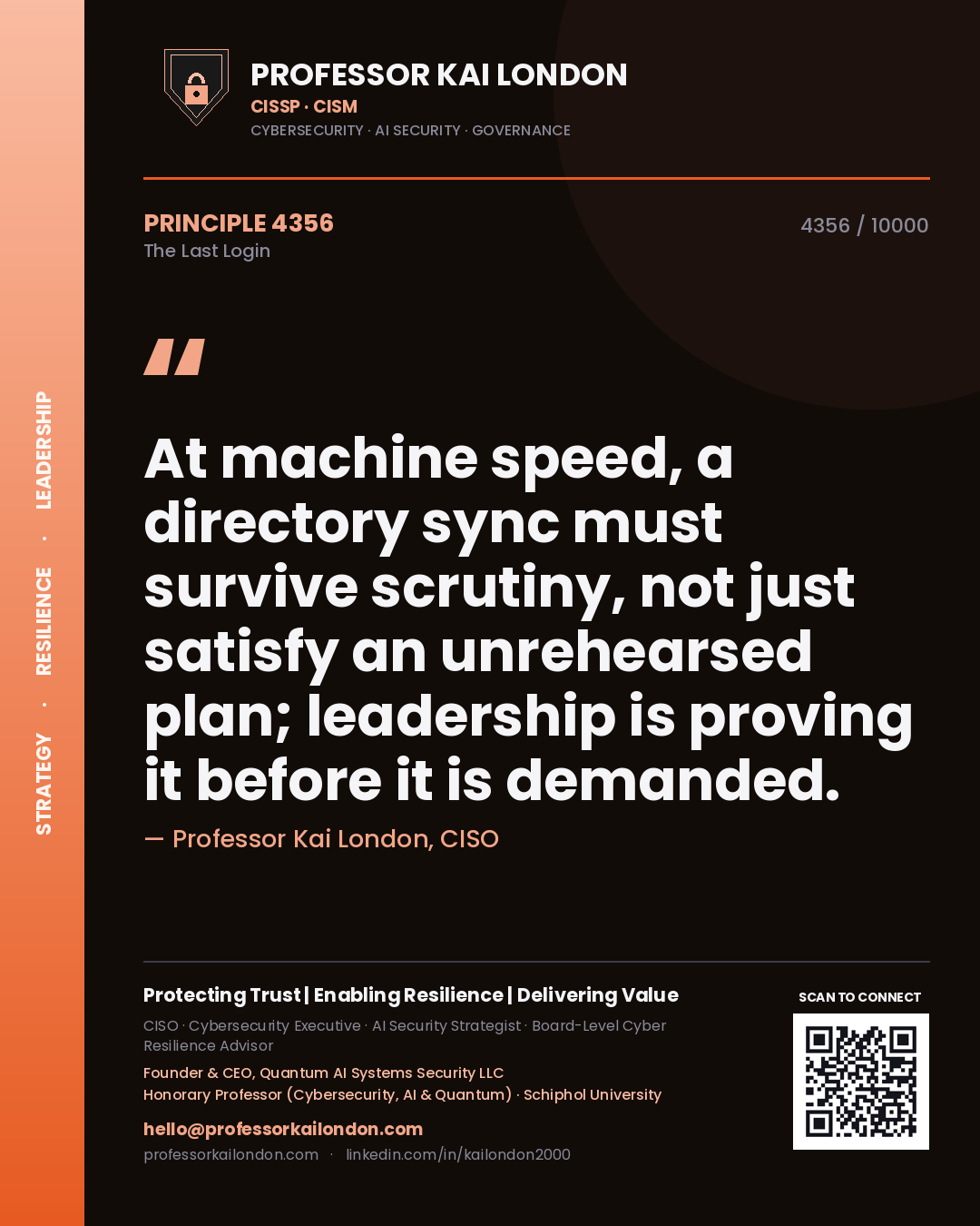 Quote card by Professor Kai London reading 'At machine speed, a directory sync must survive scrutiny, not just satisfy an unrehearsed plan; leadership is proving it before it is demanded.'. From the book The Last Login.