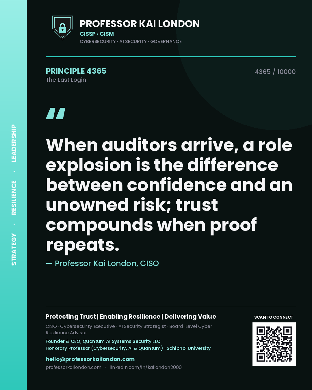 Quote card by Professor Kai London reading 'When auditors arrive, a role explosion is the difference between confidence and an unowned risk; trust compounds when proof repeats.'. From the book The Last Login.