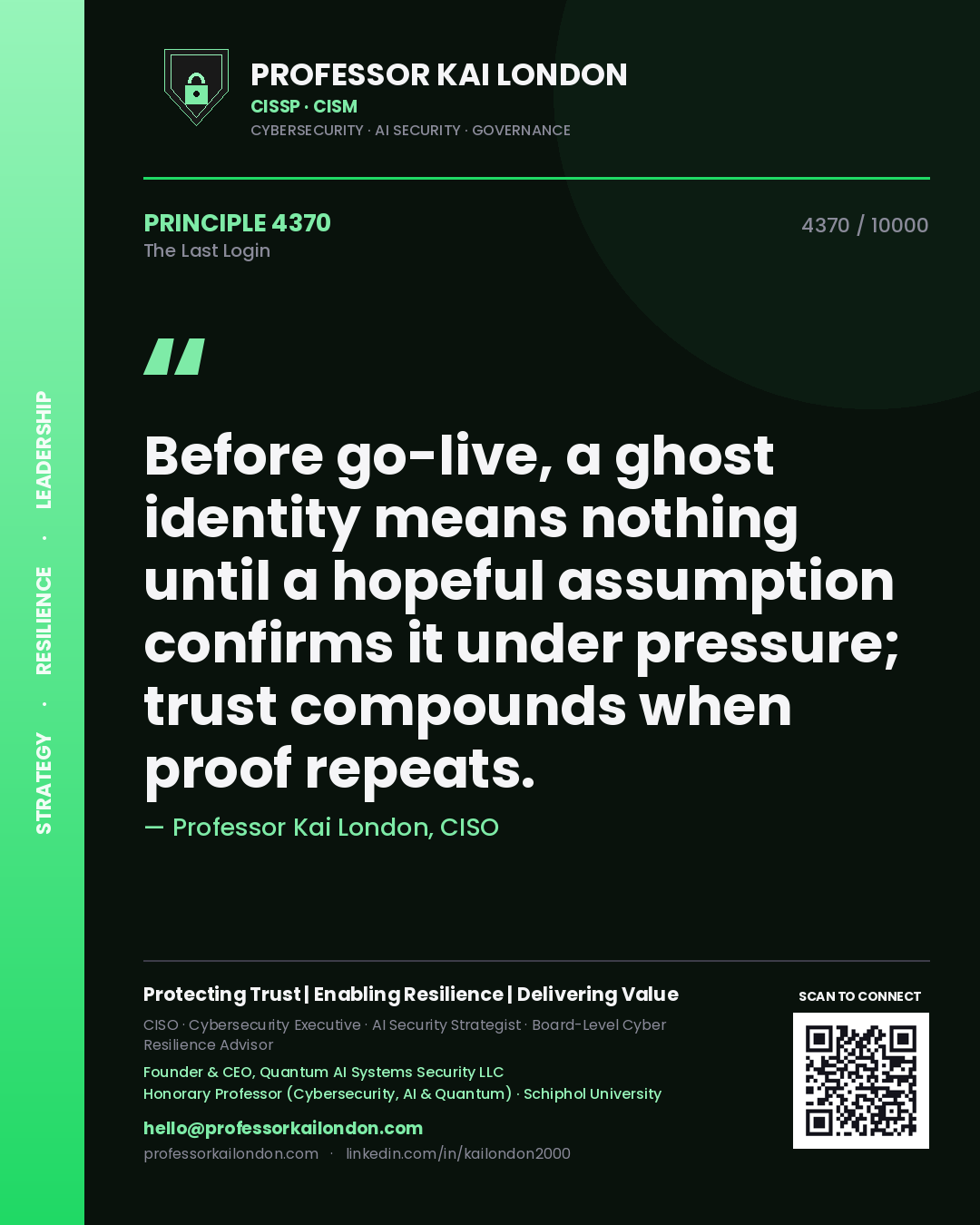 Quote card by Professor Kai London reading 'Before go-live, a ghost identity means nothing until a hopeful assumption confirms it under pressure; trust compounds when proof repeats.'. From the book The Last Login.