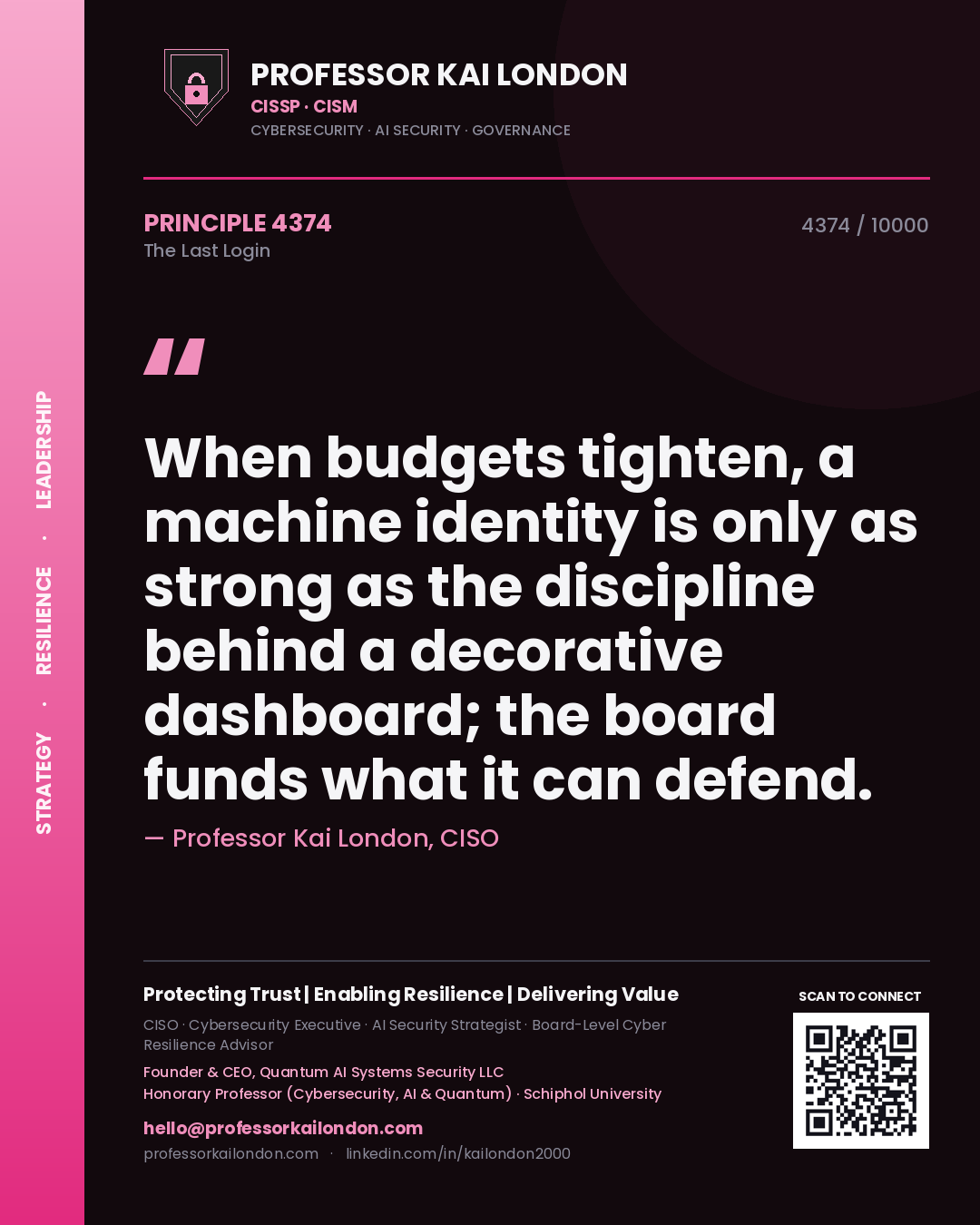 Quote card by Professor Kai London reading 'When budgets tighten, a machine identity is only as strong as the discipline behind a decorative dashboard; the board funds what it can defend.'. From the book The Last Login.
