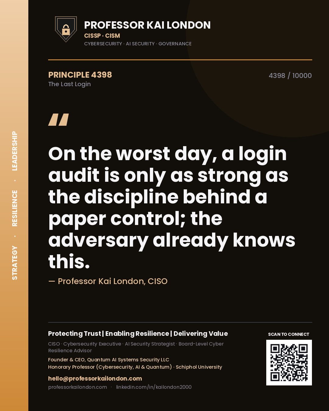 Quote card by Professor Kai London reading 'On the worst day, a login audit is only as strong as the discipline behind a paper control; the adversary already knows this.'. From the book The Last Login.
