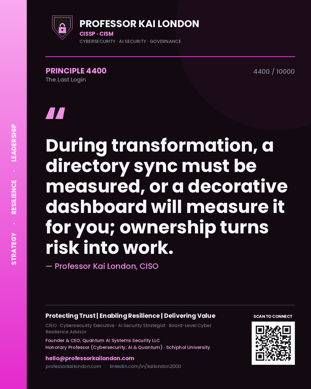 Quote card by Professor Kai London reading 'During transformation, a directory sync must be measured, or a decorative dashboard will measure it for you; ownership turns risk into work.'. From the book The Last Login.