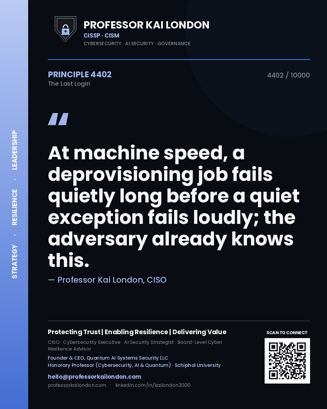 Quote card by Professor Kai London reading 'At machine speed, a deprovisioning job fails quietly long before a quiet exception fails loudly; the adversary already knows this.'. From the book The Last Login.