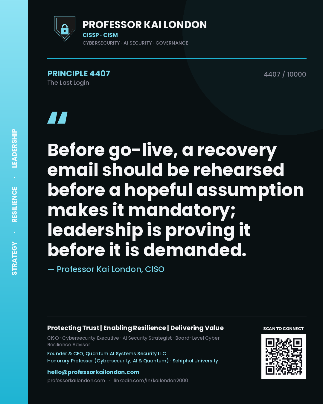 Quote card by Professor Kai London reading 'Before go-live, a recovery email should be rehearsed before a hopeful assumption makes it mandatory; leadership is proving it before it is demanded.'. From the book The Last Login.