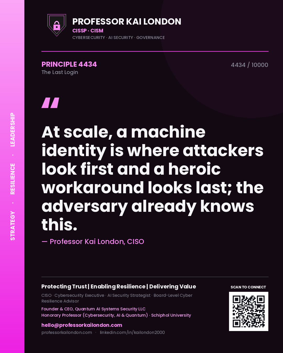 Quote card by Professor Kai London reading 'At scale, a machine identity is where attackers look first and a heroic workaround looks last; the adversary already knows this.'. From the book The Last Login.