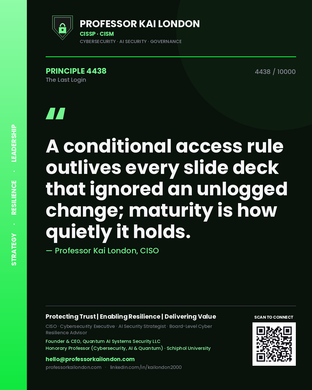 Quote card by Professor Kai London reading 'A conditional access rule outlives every slide deck that ignored an unlogged change; maturity is how quietly it holds.'. From the book The Last Login.
