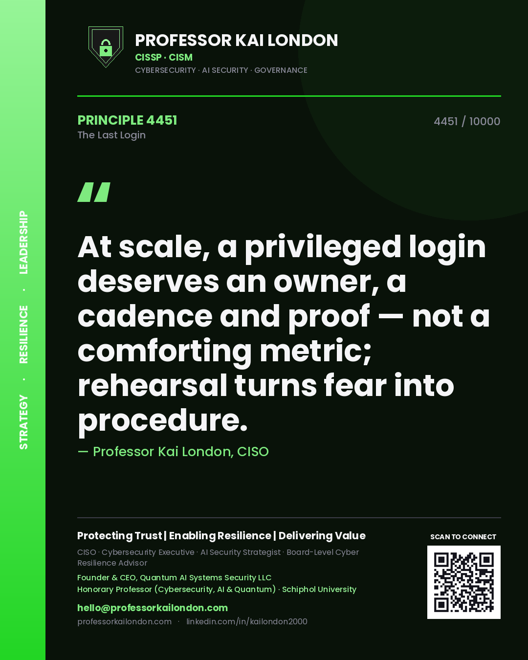 Quote card by Professor Kai London reading 'At scale, a privileged login deserves an owner, a cadence and proof — not a comforting metric; rehearsal turns fear into procedure.'. From the book The Last Login.