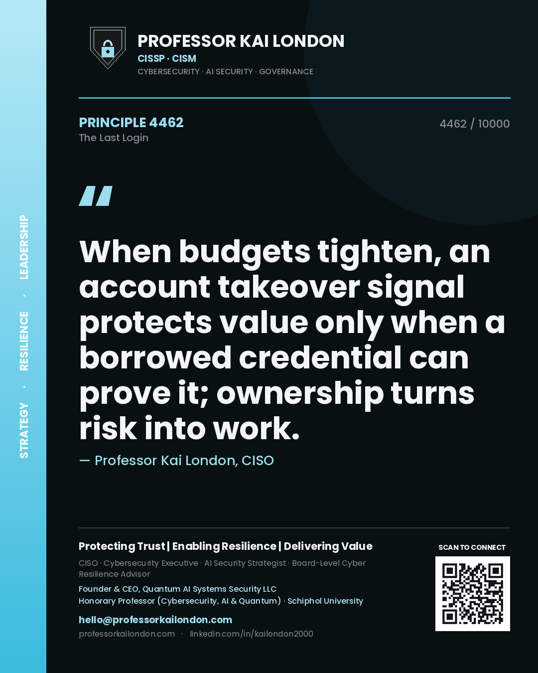 Professor Kai London principle 4462: When budgets tighten, an account takeover signal protects value only when a borrowed credential can prove it; ownership turns risk into work.