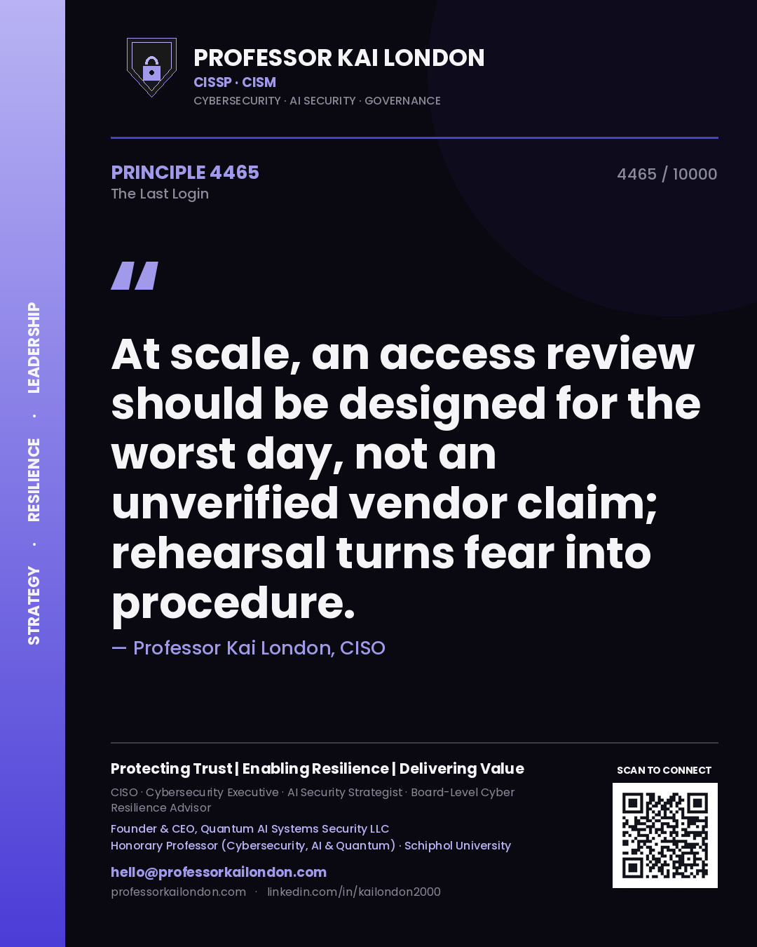 Quote card by Professor Kai London reading 'At scale, an access review should be designed for the worst day, not an unverified vendor claim; rehearsal turns fear into procedure.'. From the book The Last Login.