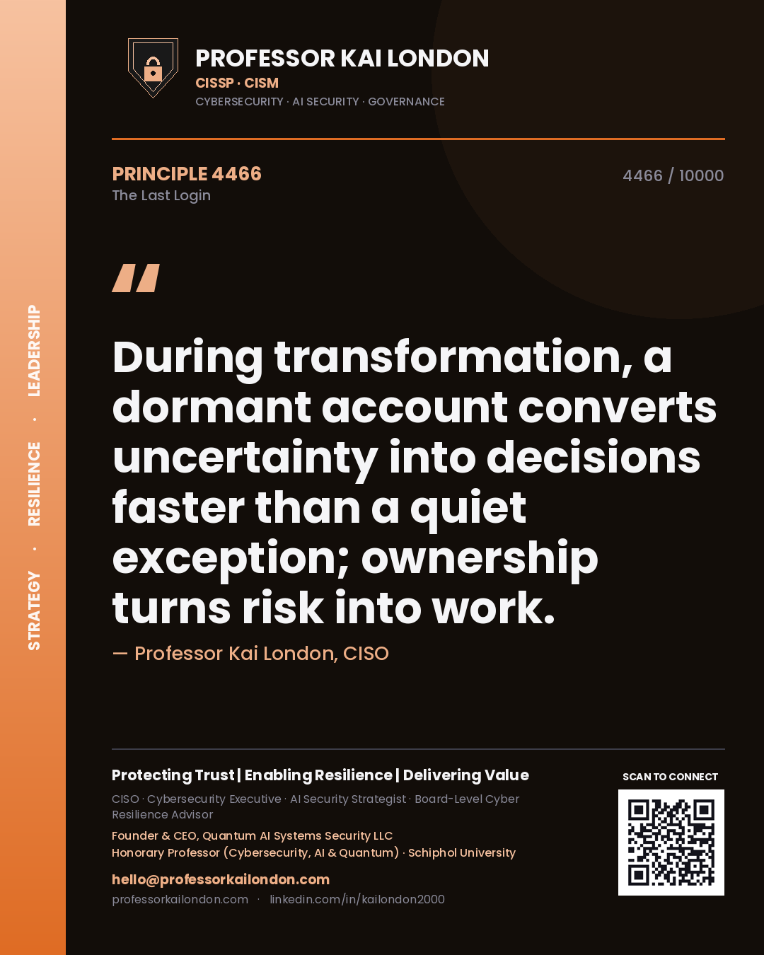 Quote card by Professor Kai London reading 'During transformation, a dormant account converts uncertainty into decisions faster than a quiet exception; ownership turns risk into work.'. From the book The Last Login.