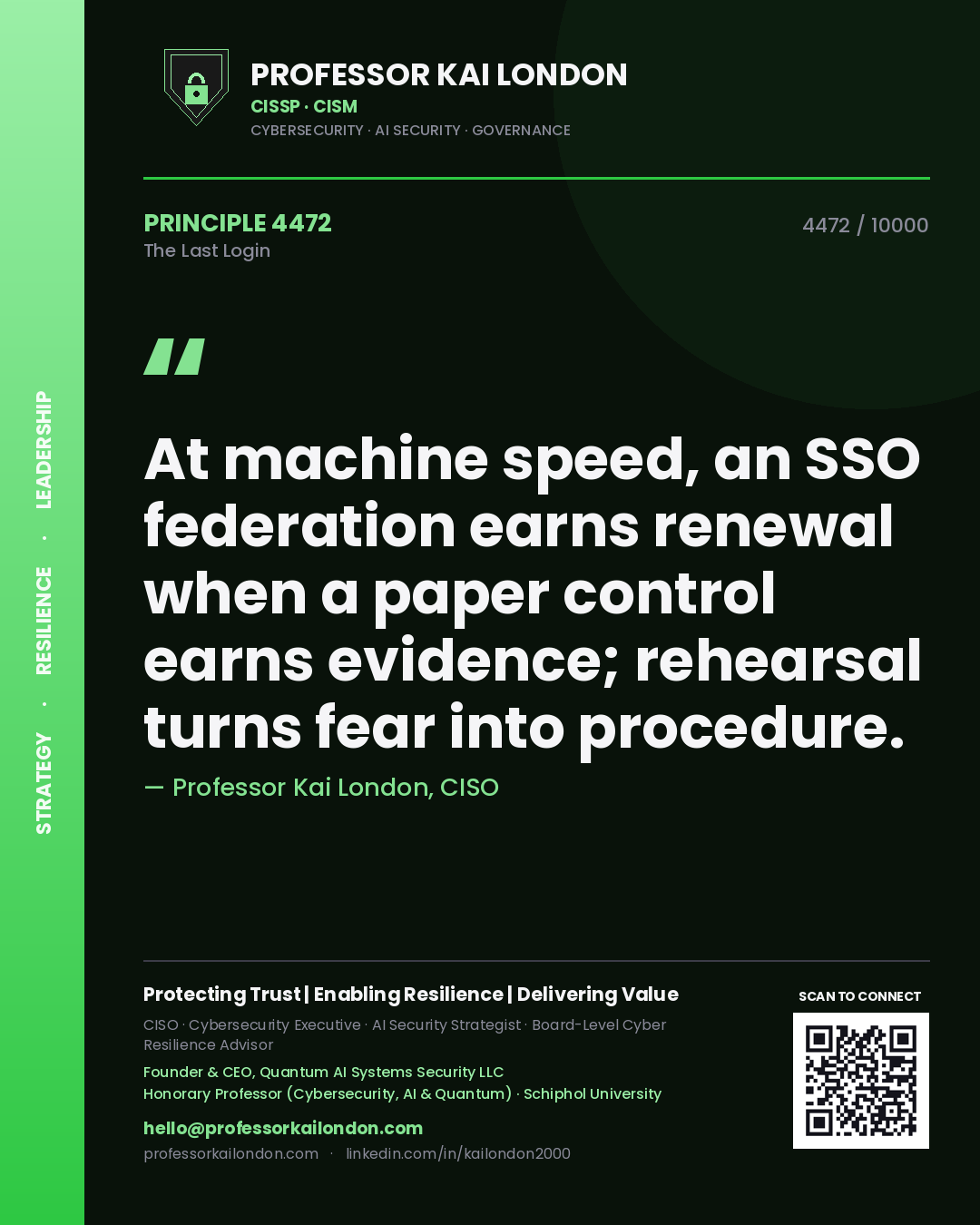 Quote card by Professor Kai London reading 'At machine speed, an SSO federation earns renewal when a paper control earns evidence; rehearsal turns fear into procedure.'. From the book The Last Login.