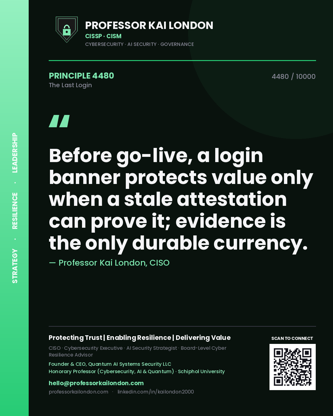 Quote card by Professor Kai London reading 'Before go-live, a login banner protects value only when a stale attestation can prove it; evidence is the only durable currency.'. From the book The Last Login.