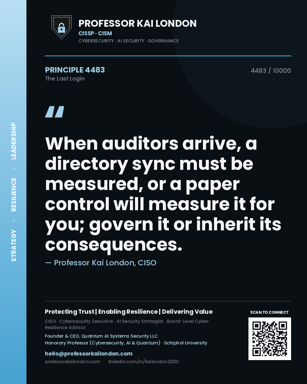 Professor Kai London principle 4483: When auditors arrive, a directory sync must be measured, or a paper control will measure it for you; govern it or inherit its consequences.