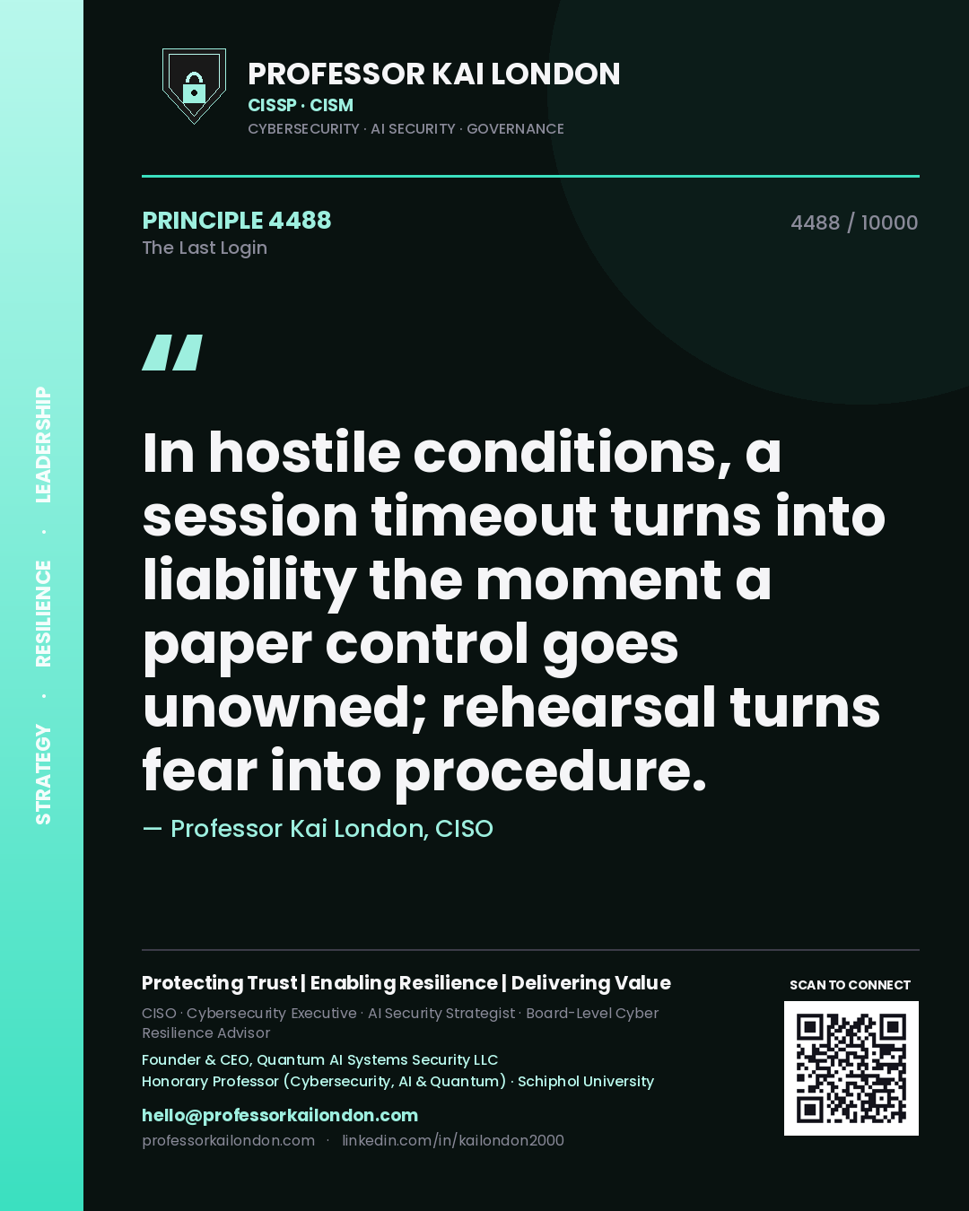 Quote card by Professor Kai London reading 'In hostile conditions, a session timeout turns into liability the moment a paper control goes unowned; rehearsal turns fear into procedure.'. From the book The Last Login.