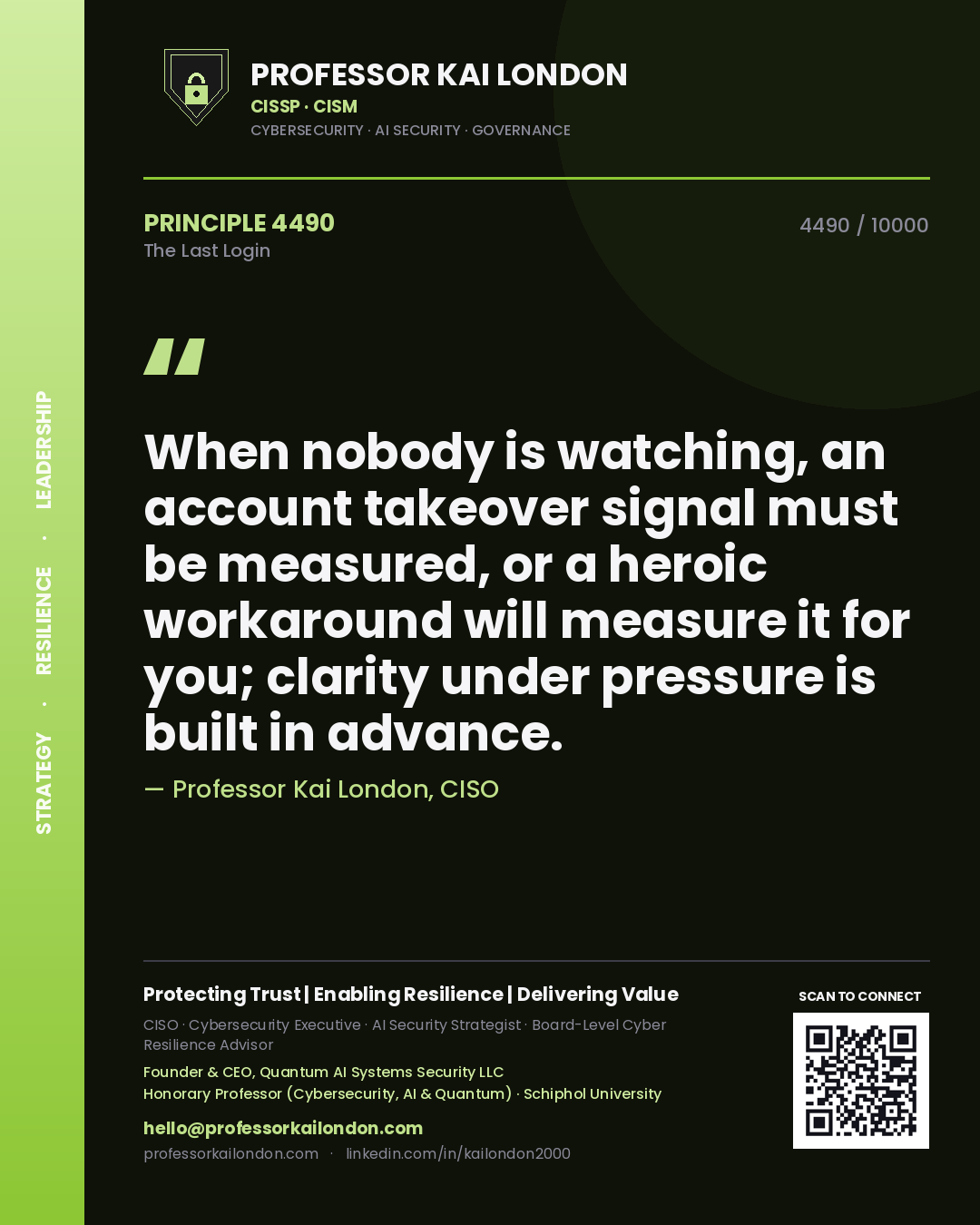 Quote card by Professor Kai London reading 'When nobody is watching, an account takeover signal must be measured, or a heroic workaround will measure it for you; clarity under pressure is built in advance.'. From the book The Last Login.