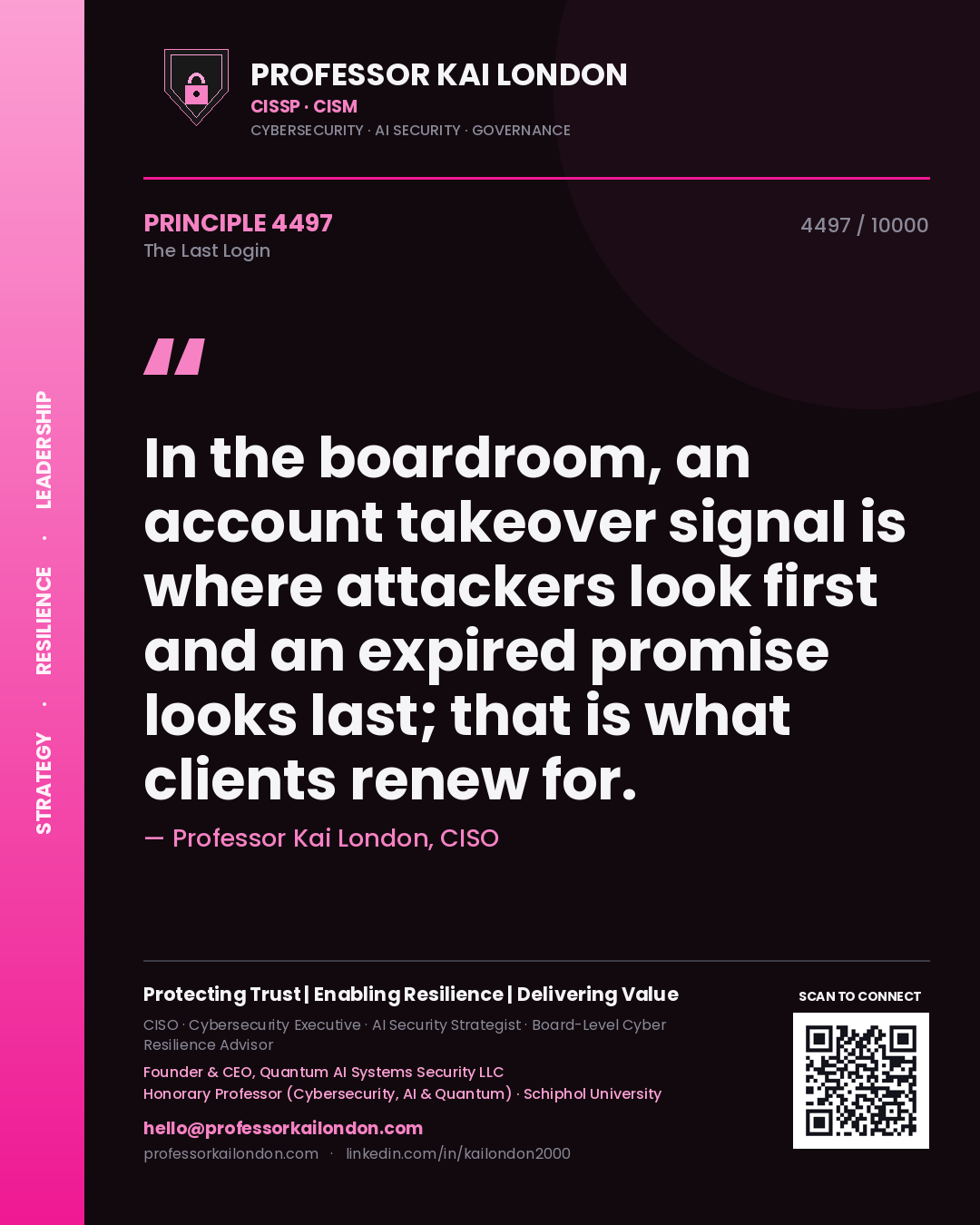 Quote card by Professor Kai London reading 'In the boardroom, an account takeover signal is where attackers look first and an expired promise looks last; that is what clients renew for.'. From the book The Last Login.