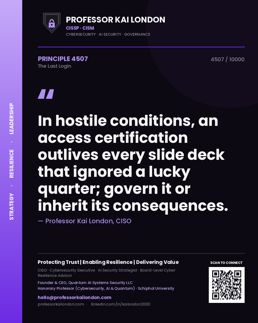 Quote card by Professor Kai London reading 'In hostile conditions, an access certification outlives every slide deck that ignored a lucky quarter; govern it or inherit its consequences.'. From the book The Last Login.