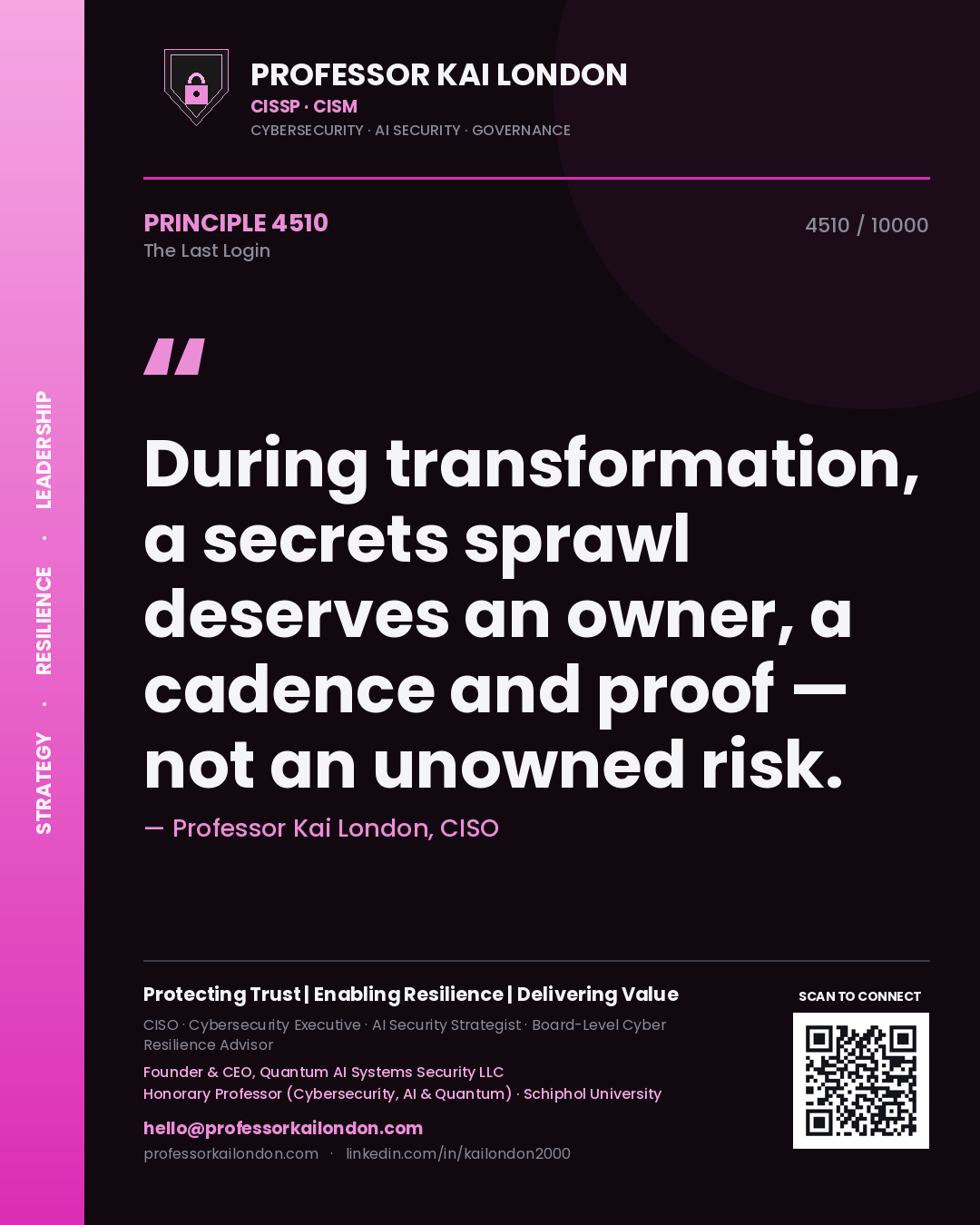 Quote card by Professor Kai London reading 'During transformation, a secrets sprawl deserves an owner, a cadence and proof — not an unowned risk.'. From the book The Last Login.