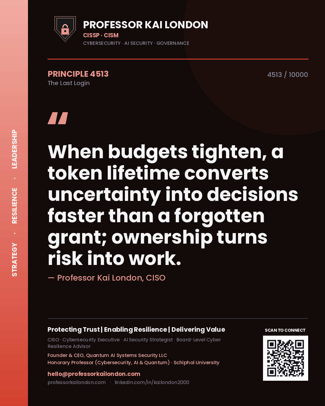 Quote card by Professor Kai London reading 'When budgets tighten, a token lifetime converts uncertainty into decisions faster than a forgotten grant; ownership turns risk into work.'. From the book The Last Login.