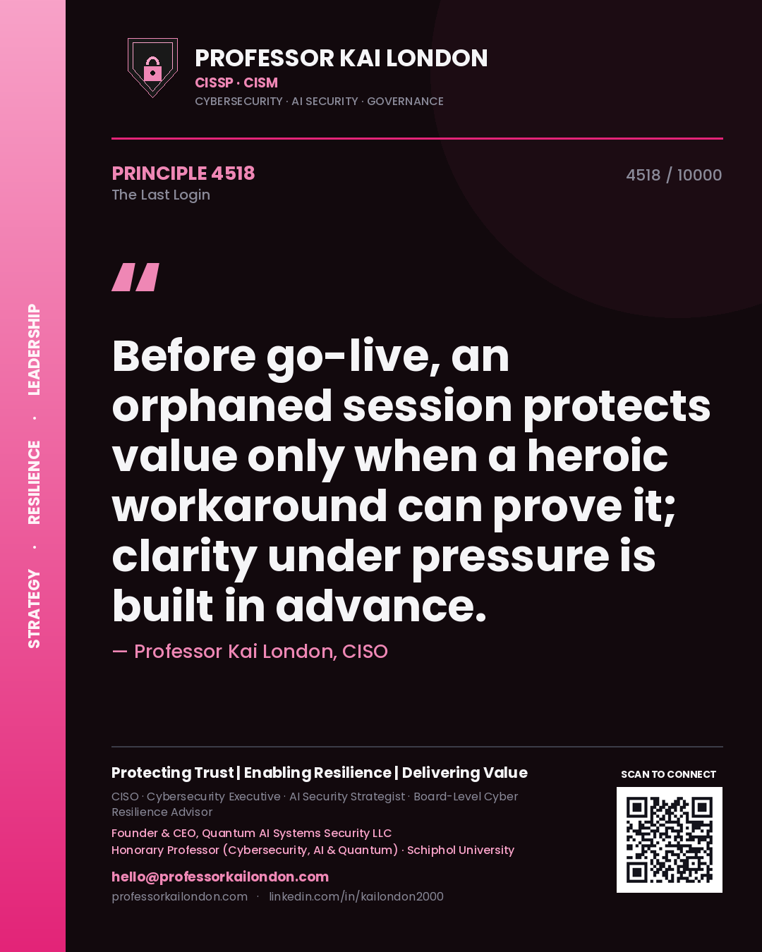 Quote card by Professor Kai London reading 'Before go-live, an orphaned session protects value only when a heroic workaround can prove it; clarity under pressure is built in advance.'. From the book The Last Login.