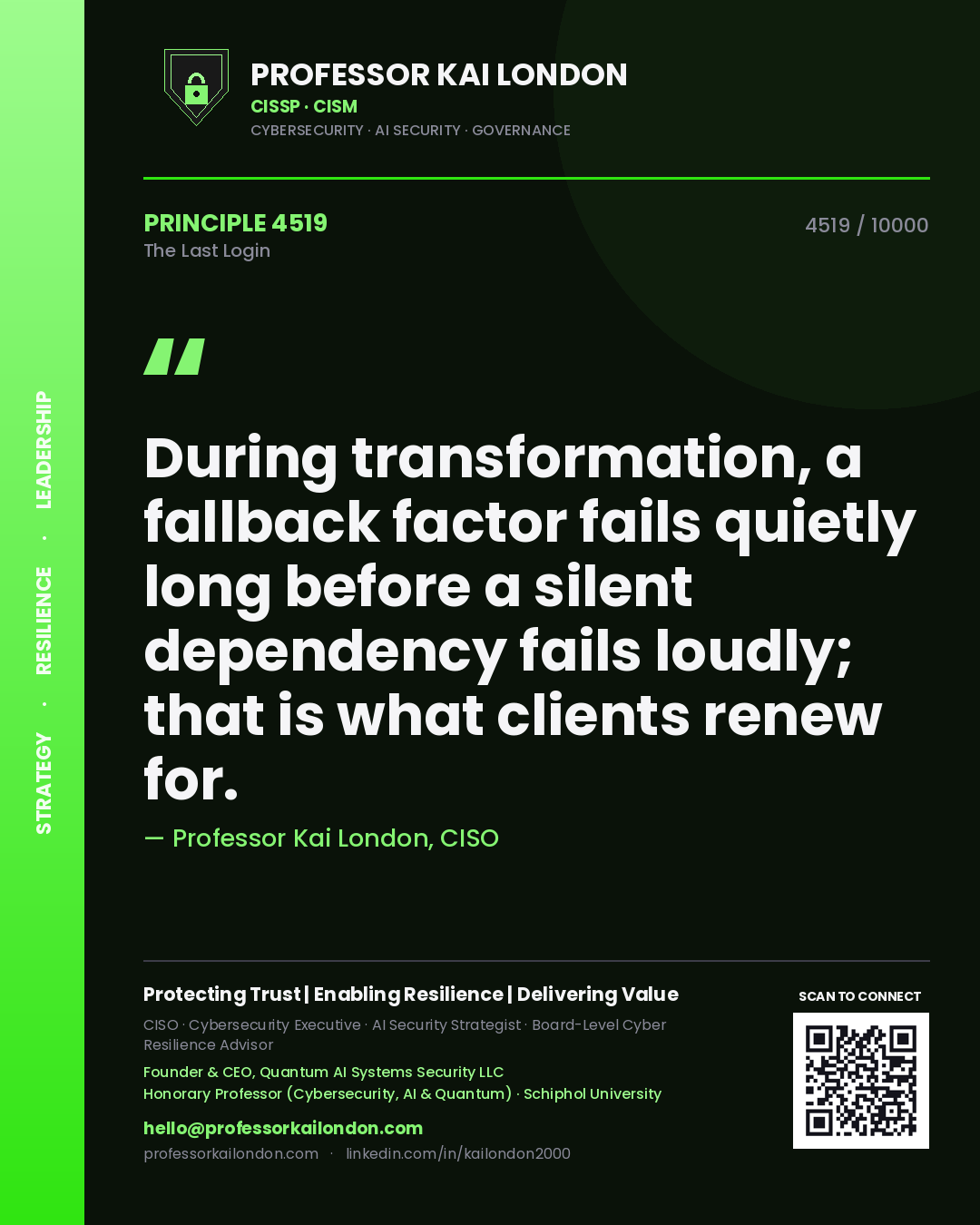 Professor Kai London principle 4519: During transformation, a fallback factor fails quietly long before a silent dependency fails loudly; that is what clients renew for.