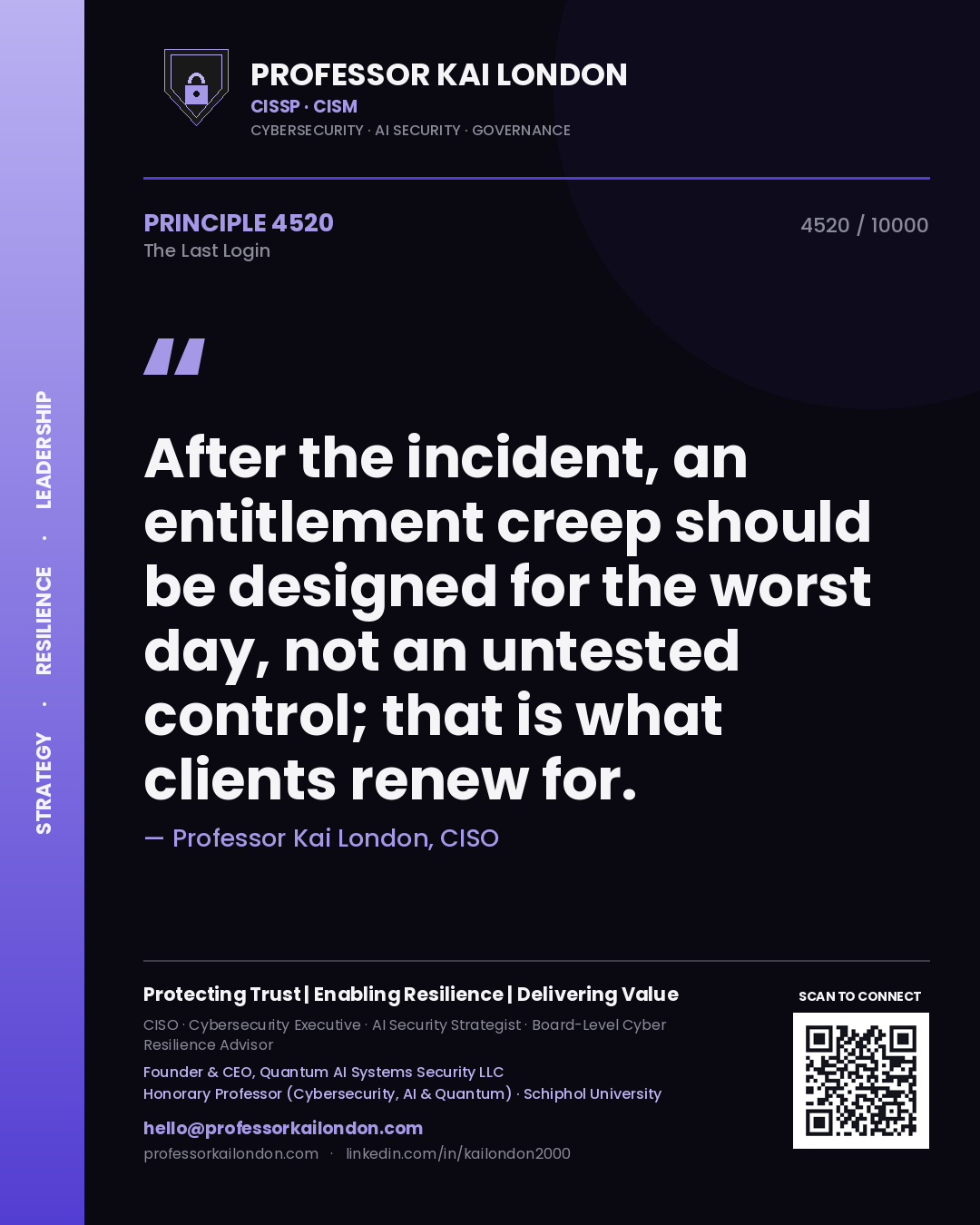 Quote card by Professor Kai London reading 'After the incident, an entitlement creep should be designed for the worst day, not an untested control; that is what clients renew for.'. From the book The Last Login.