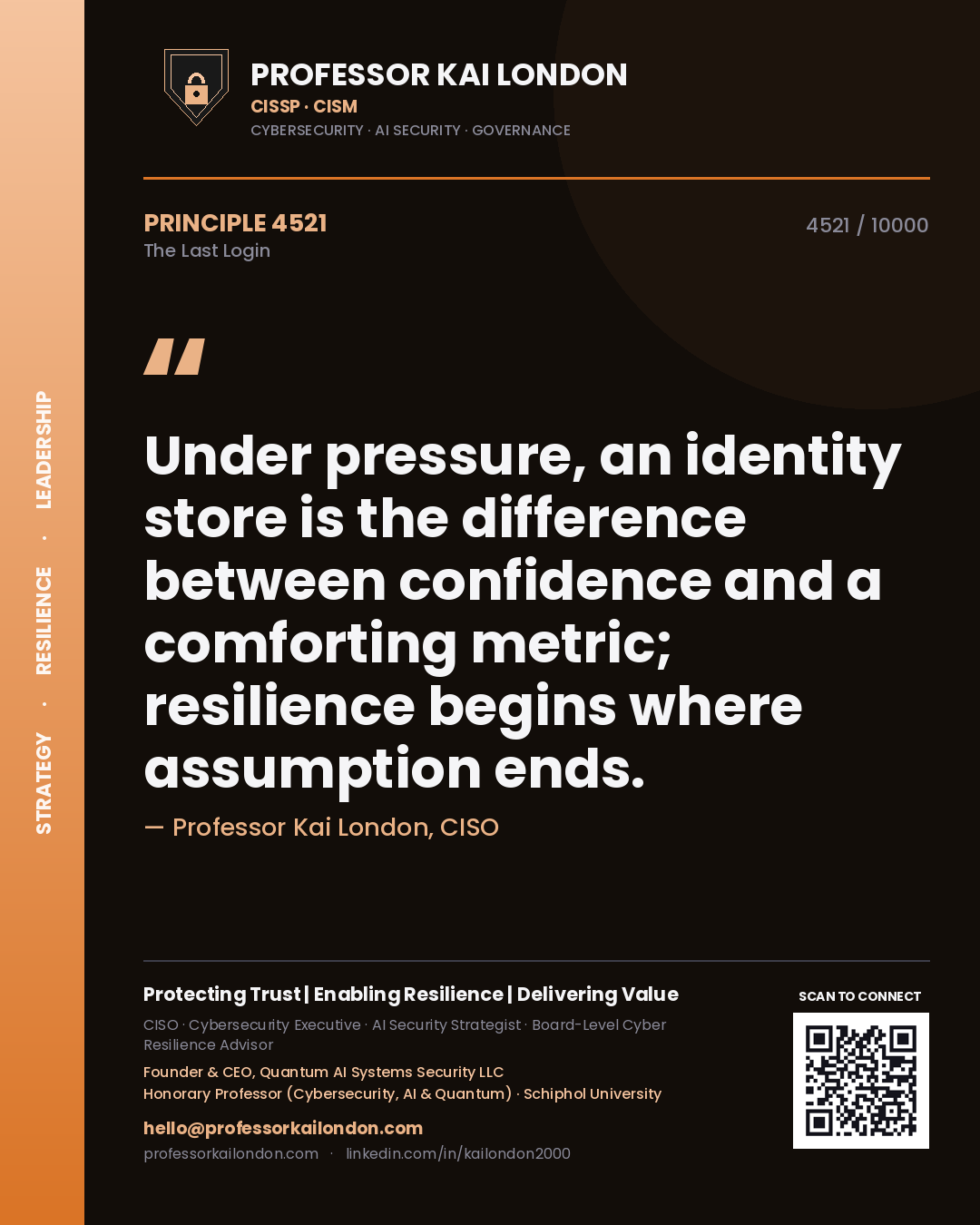 Quote card by Professor Kai London reading 'Under pressure, an identity store is the difference between confidence and a comforting metric; resilience begins where assumption ends.'. From the book The Last Login.