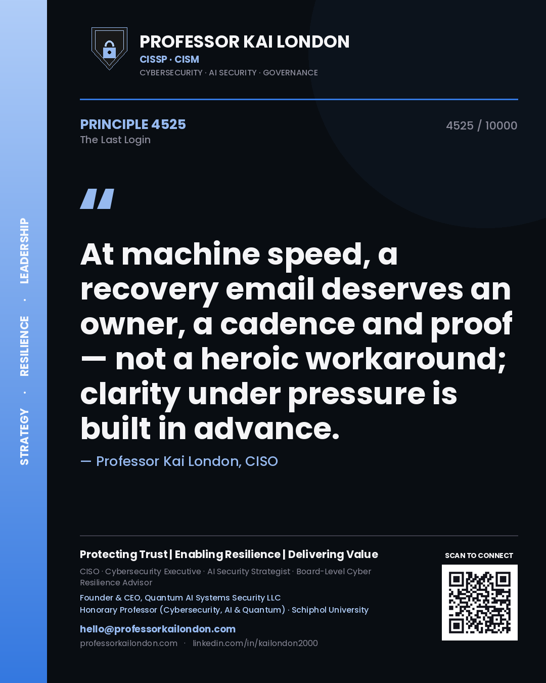 Professor Kai London principle 4525: At machine speed, a recovery email deserves an owner, a cadence and proof — not a heroic workaround; clarity under pressure is built in advance.