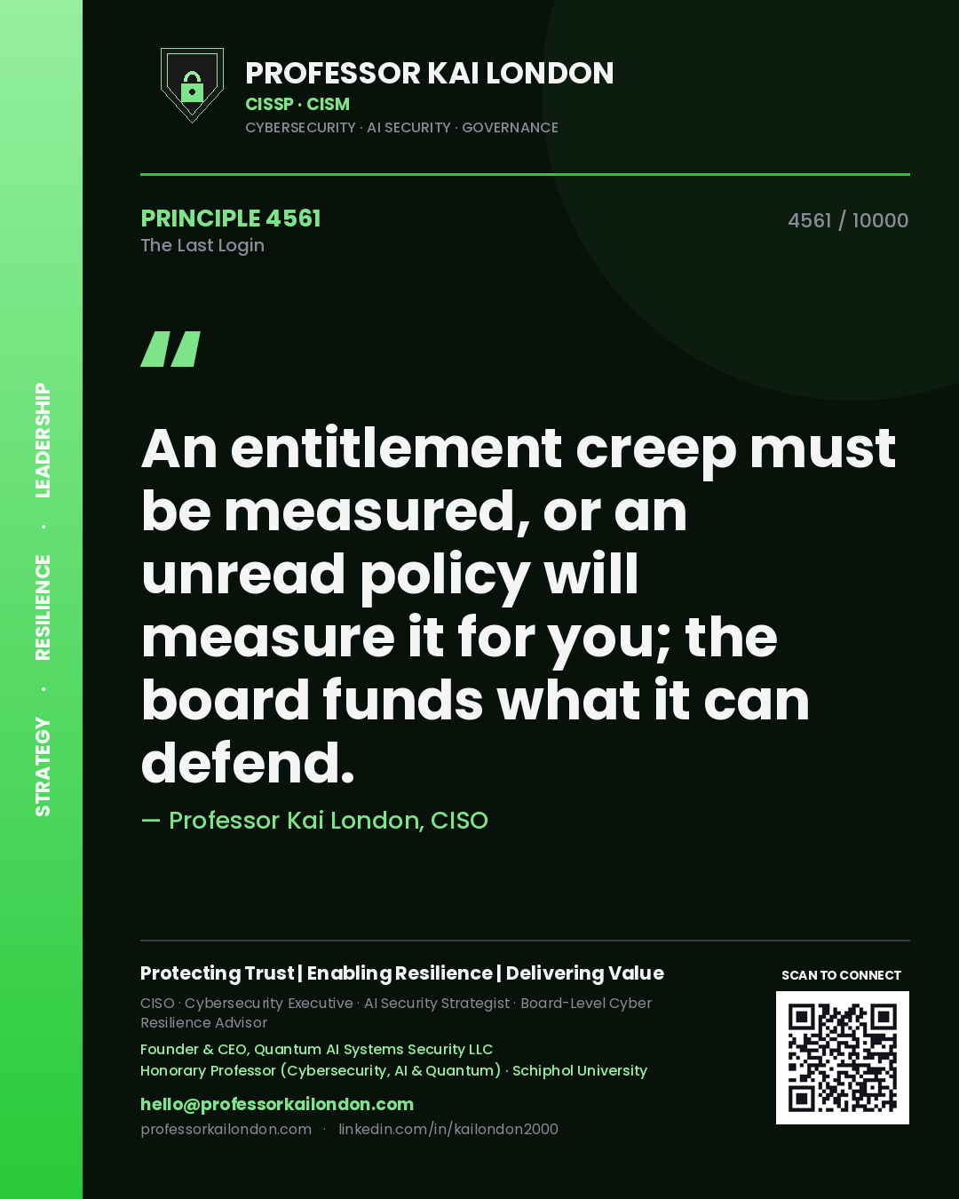 Quote card by Professor Kai London reading 'An entitlement creep must be measured, or an unread policy will measure it for you; the board funds what it can defend.'. From the book The Last Login.