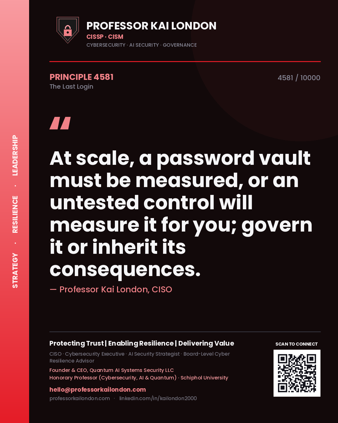 Professor Kai London principle 4581: At scale, a password vault must be measured, or an untested control will measure it for you; govern it or inherit its consequences.