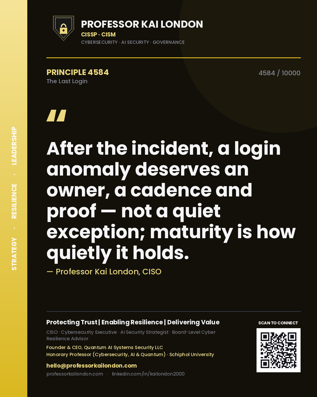 Professor Kai London principle 4584: After the incident, a login anomaly deserves an owner, a cadence and proof — not a quiet exception; maturity is how quietly it holds.