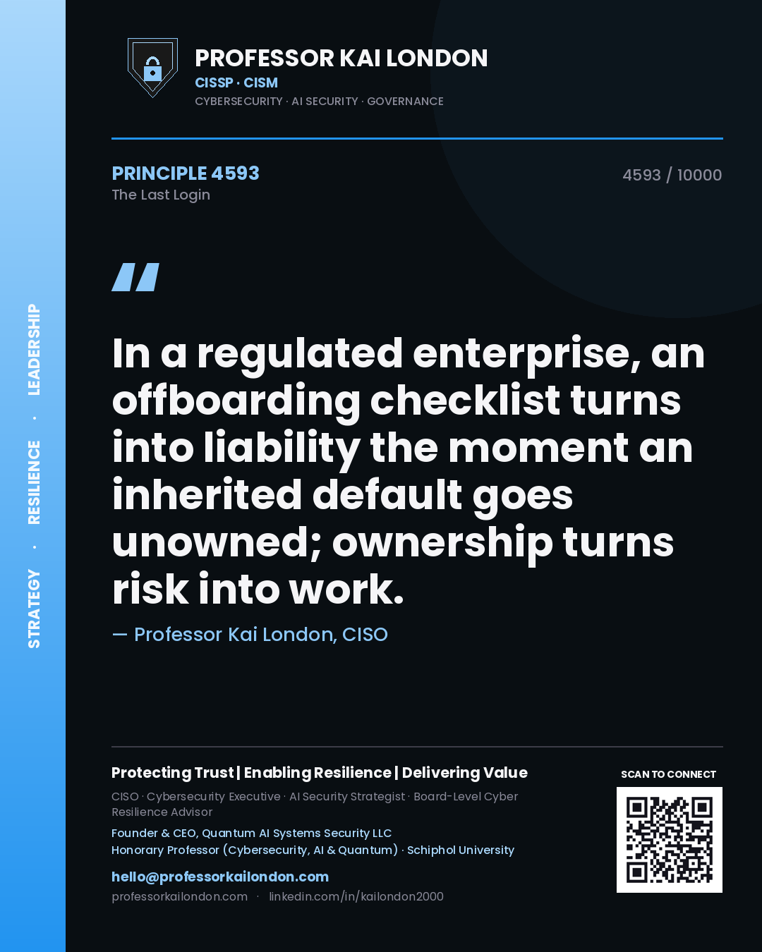 Professor Kai London principle 4593: In a regulated enterprise, an offboarding checklist turns into liability the moment an inherited default goes unowned; ownership turns risk into work.