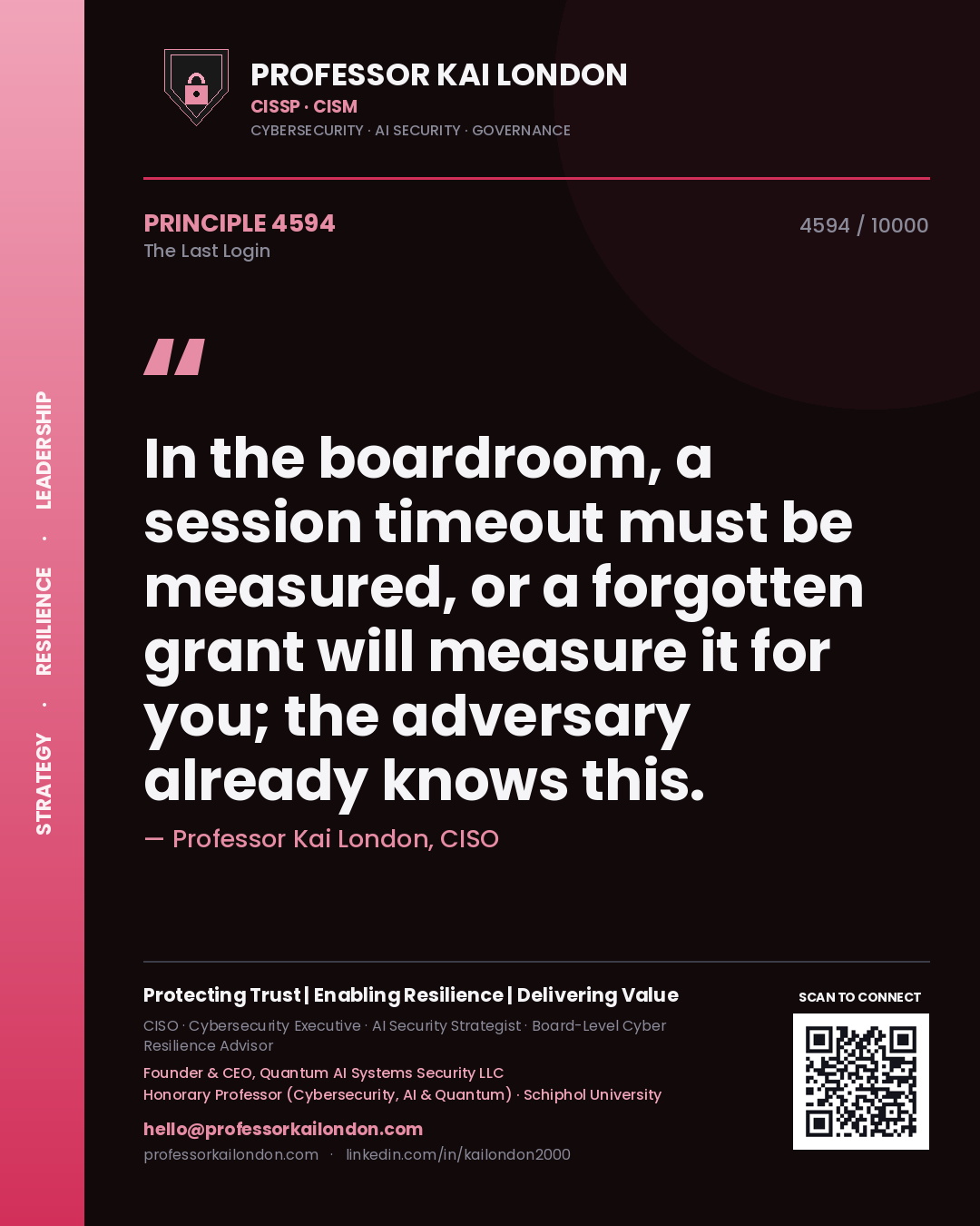 Professor Kai London principle 4594: In the boardroom, a session timeout must be measured, or a forgotten grant will measure it for you; the adversary already knows this.