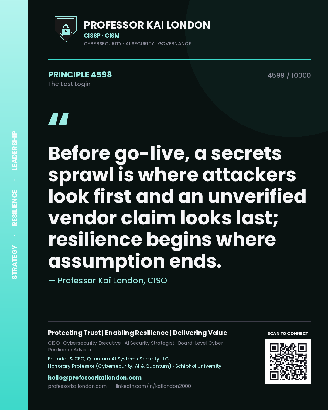 Professor Kai London principle 4598: Before go-live, a secrets sprawl is where attackers look first and an unverified vendor claim looks last; resilience begins where assumption ends.