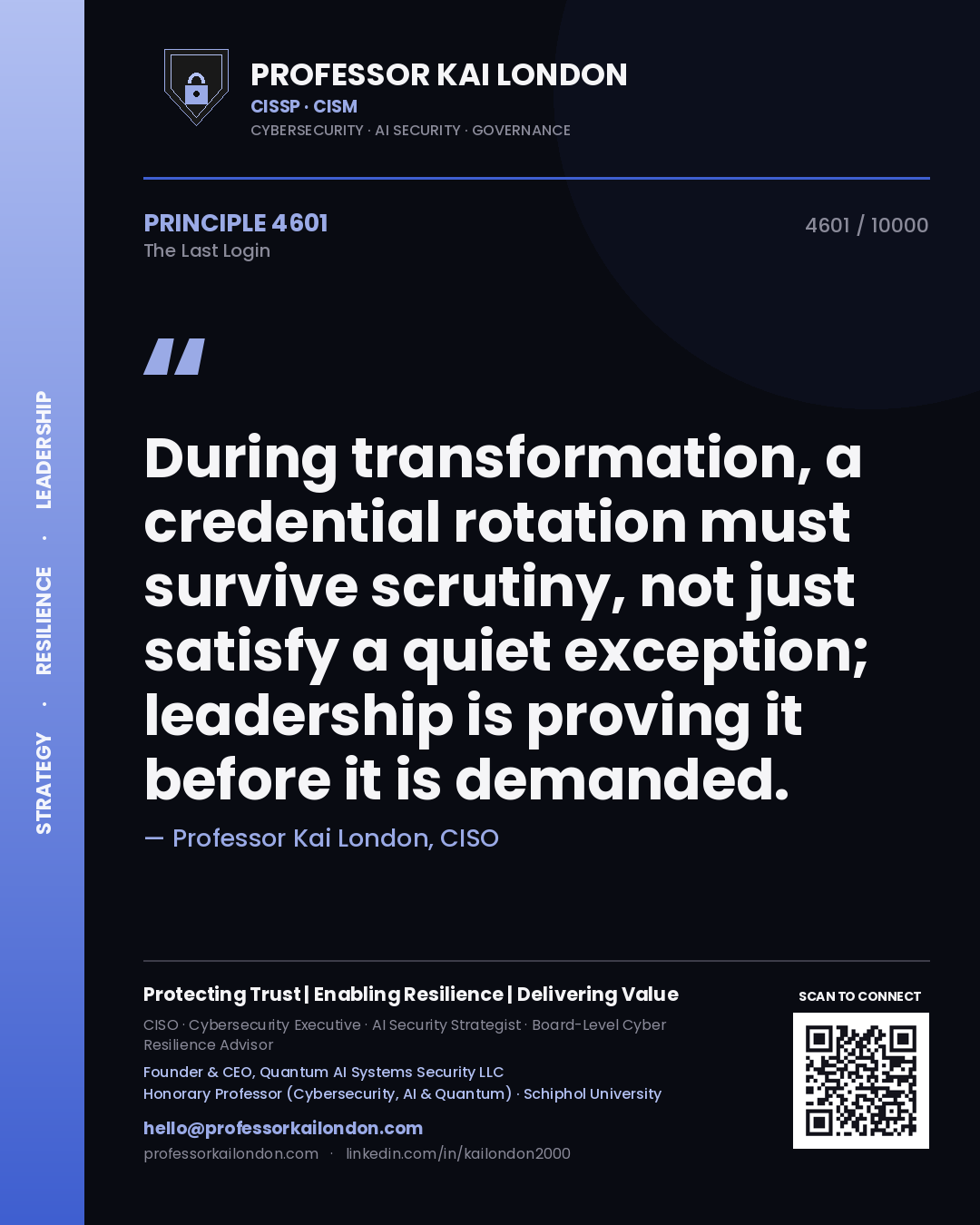 Professor Kai London principle 4601: During transformation, a credential rotation must survive scrutiny, not just satisfy a quiet exception; leadership is proving it before it is demanded.