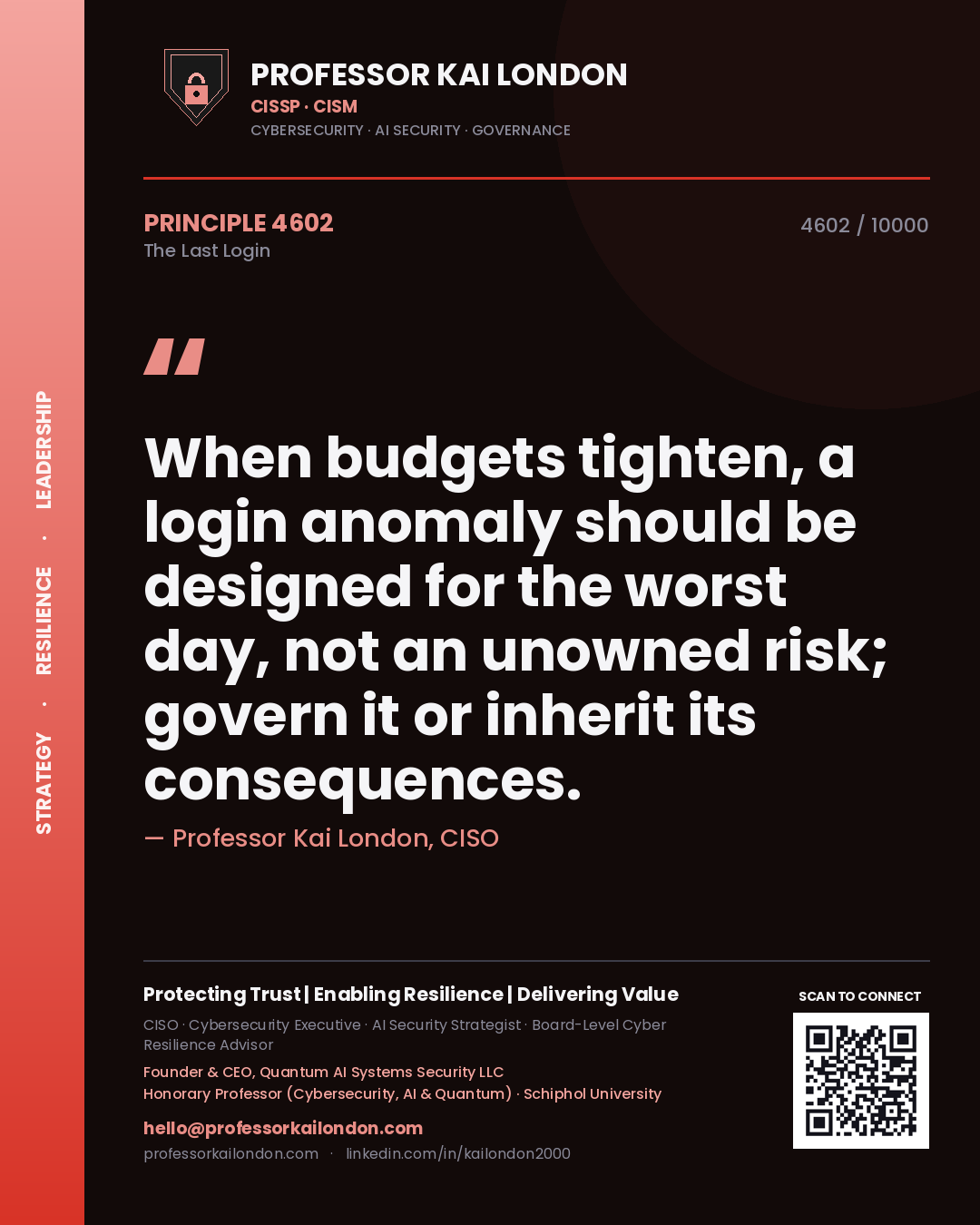 Professor Kai London principle 4602: When budgets tighten, a login anomaly should be designed for the worst day, not an unowned risk; govern it or inherit its consequences.