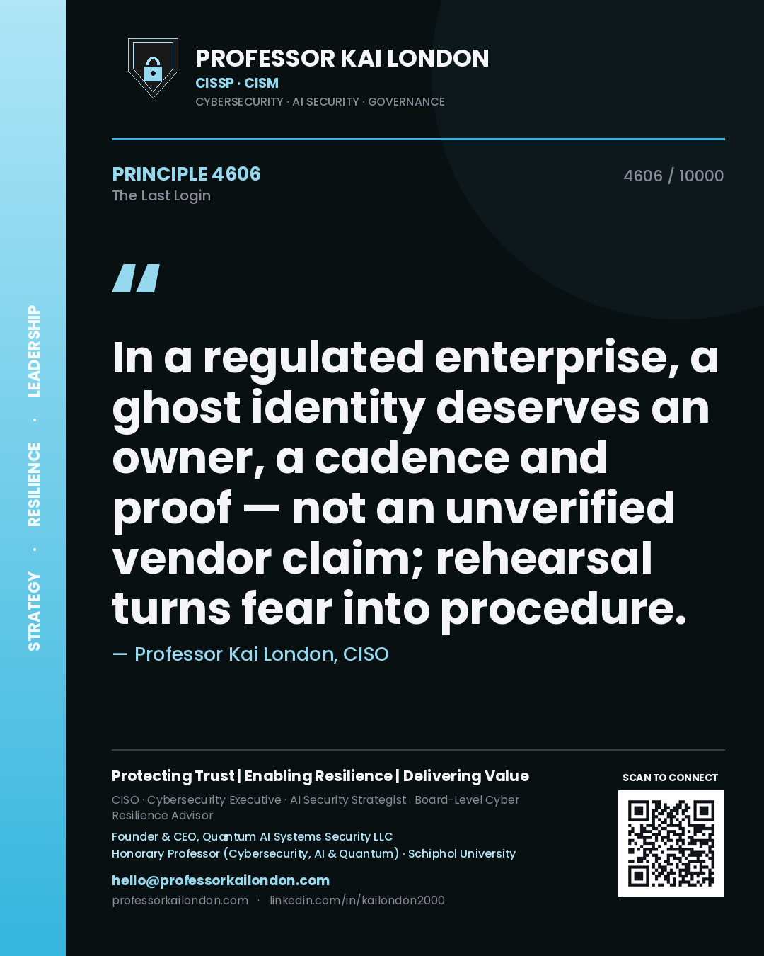 Professor Kai London principle 4606: In a regulated enterprise, a ghost identity deserves an owner, a cadence and proof — not an unverified vendor claim; rehearsal turns fear into procedure.