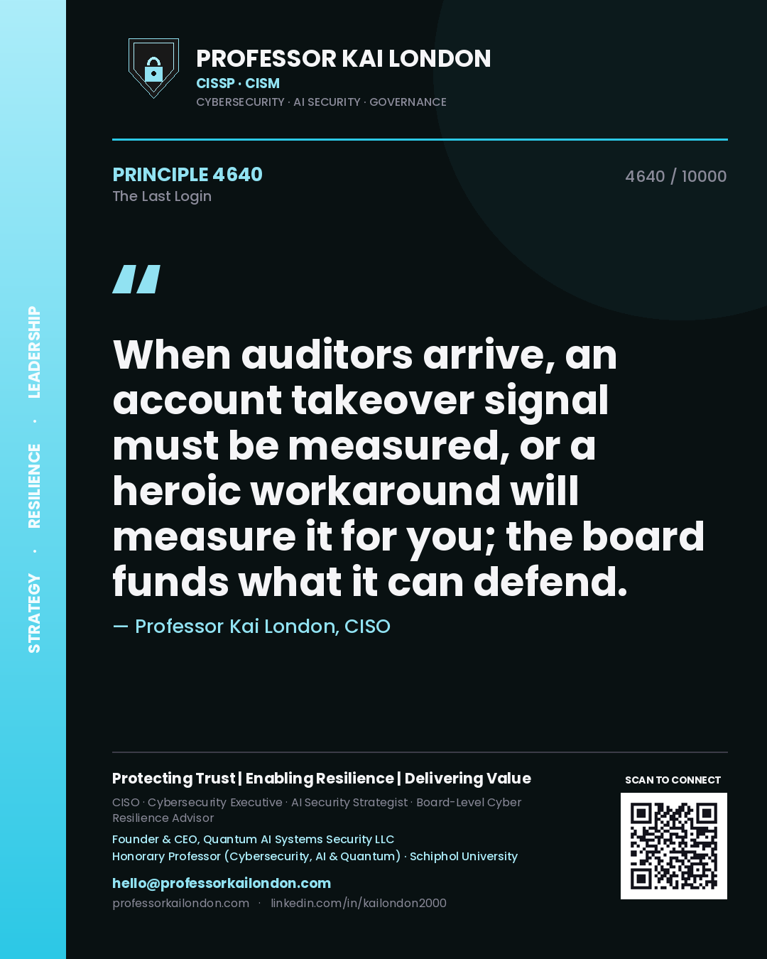 Quote card by Professor Kai London reading 'When auditors arrive, an account takeover signal must be measured, or a heroic workaround will measure it for you; the board funds what it can defend.'. From the book The Last Login.