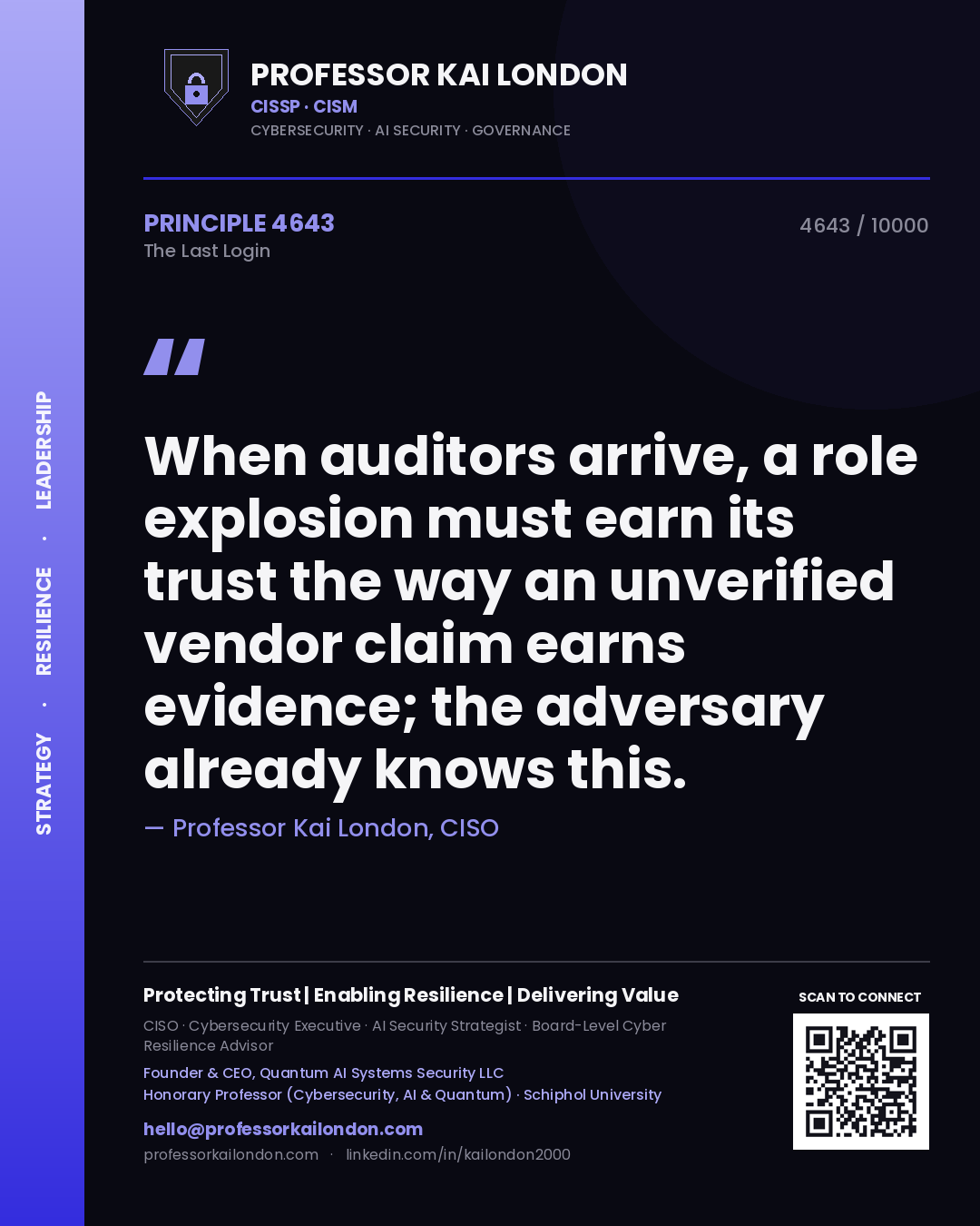 Quote card by Professor Kai London reading 'When auditors arrive, a role explosion must earn its trust the way an unverified vendor claim earns evidence; the adversary already knows this.'. From the book The Last Login.